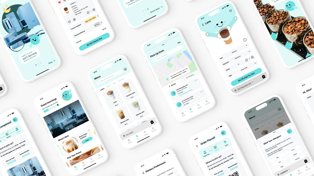 COFE+ app screens laid out on a diagonal grid