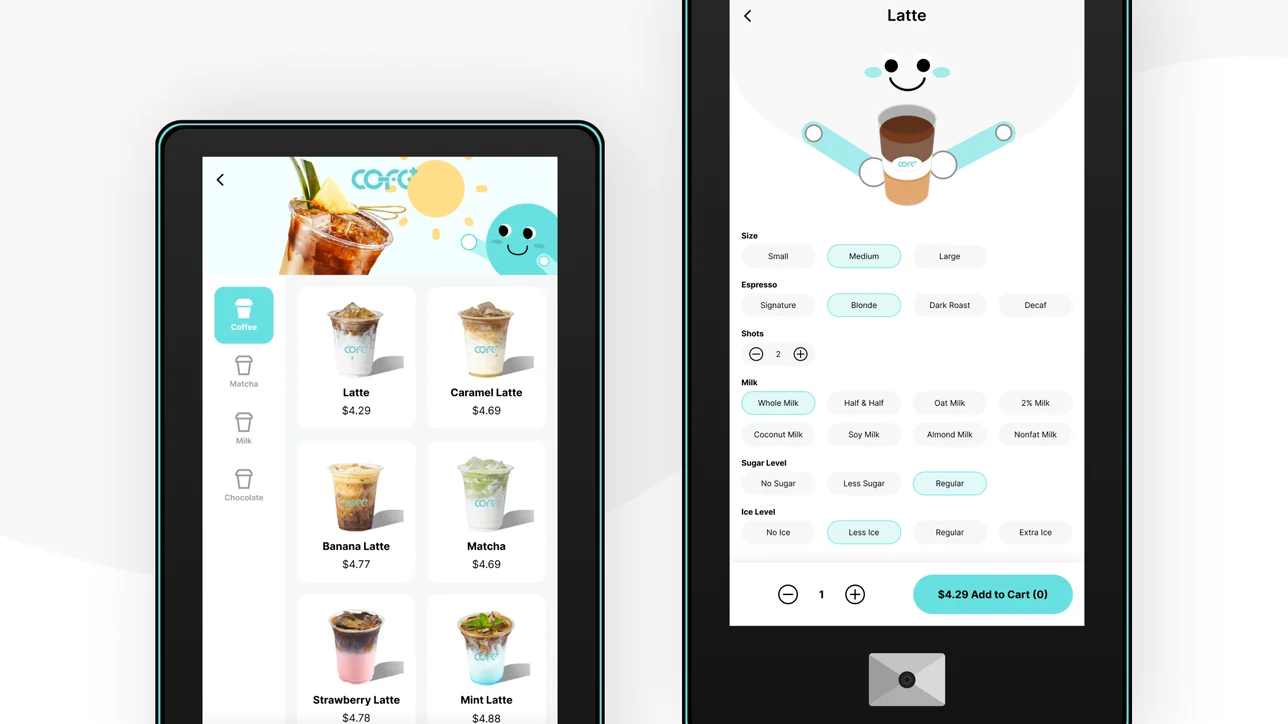 COFE+ kiosk screens: drink menu and latte customisation