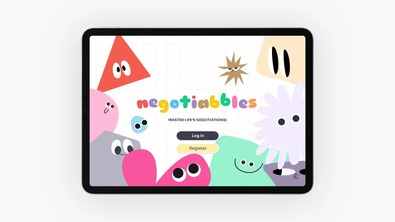 The Negotiabbles login screen on an iPad, surrounded by its shape characters